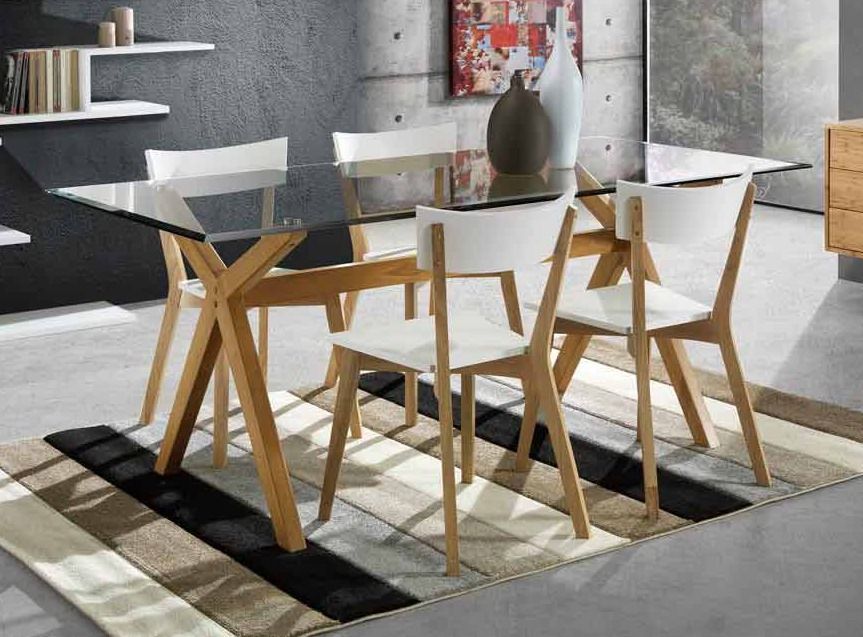 Les Tendances Table rectangle en bois massif et verre trempé Joana L