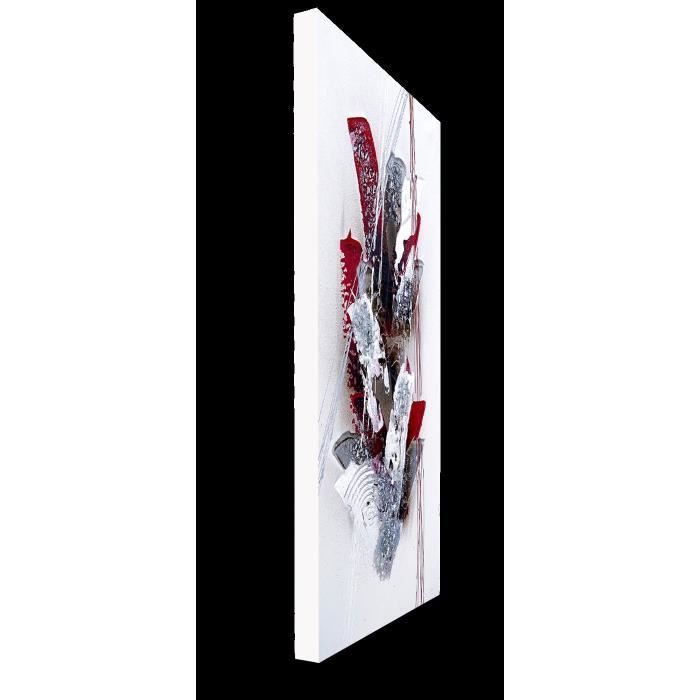 ABSTRAIT Tableau déco toile peinte a la main 30x60 cm blanc, gris et rouge - Photo n°2