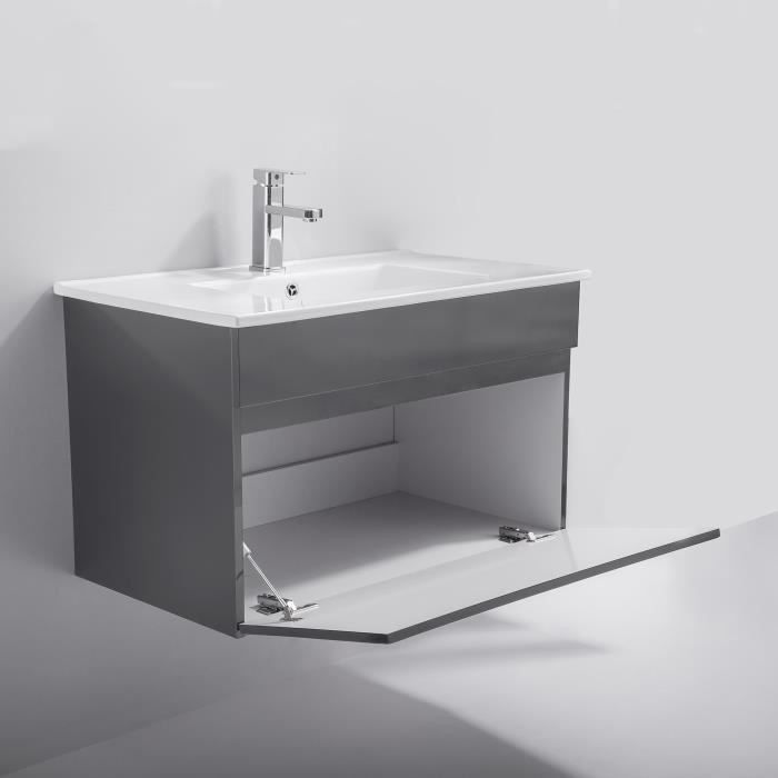 ALBAN salle de bain simple vasque avec miroir L 80 cm - Gris brillant - Photo n°3