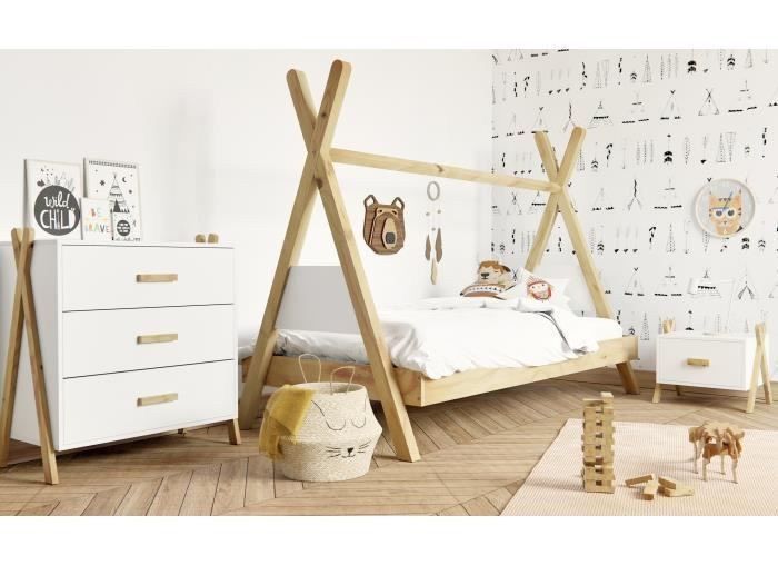 Chambre complete enfant - lit + chevet + commode - Pin massif et MDF - Blanc/naturel - Style scandinave - Photo n°2