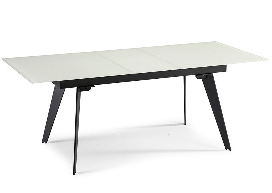 Table à manger en verre trempé blanc avec rallonge centrale et pieds en acier noir - Photo n°1