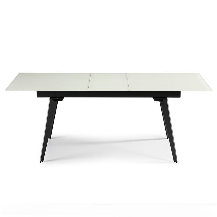 Table à manger en verre trempé blanc avec rallonge centrale et pieds en acier noir - Photo n°2