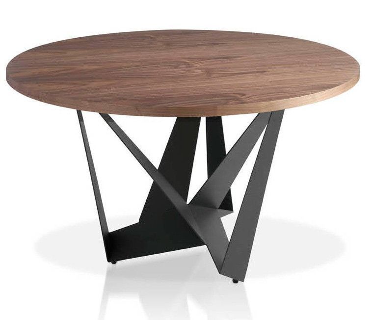 Table ronde bois plaqué noyer et pieds acier inoxydable noir Gala 130 cm - Photo n°1