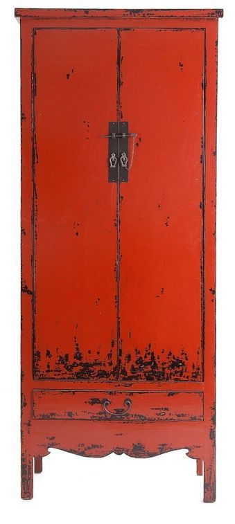 Armoire 2 portes 1 tiroir pin massif recyclé rouge Alban - Photo n°1