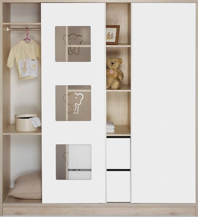 Armoire 2 portes 2 tiroirs bois clair et blanc Eco Slide - Photo n°2