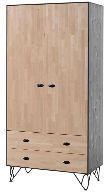 Armoire 2 portes 2 tiroirs bois massif clair et gris Arna - Photo n°1