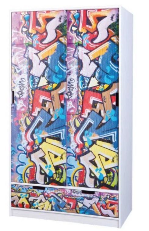 Armoire 2 portes coullissante pin massif imprimé Graffiti Fitti - Photo n°1
