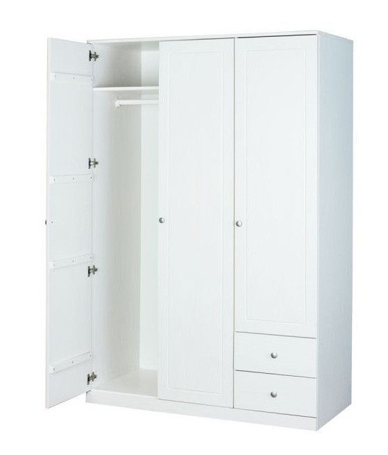 Armoire 3 portes 2 tiroirs pin massif vernis blanc Rika 138 cm - Photo n°2