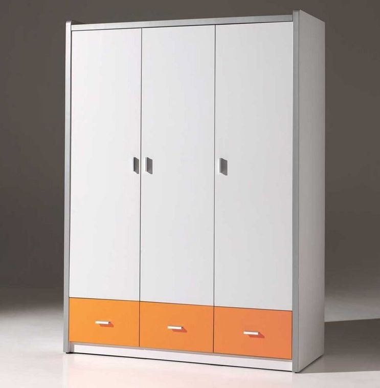 Armoire 3 portes 3 tiroirs bois blanc et orange Bonny - Photo n°3
