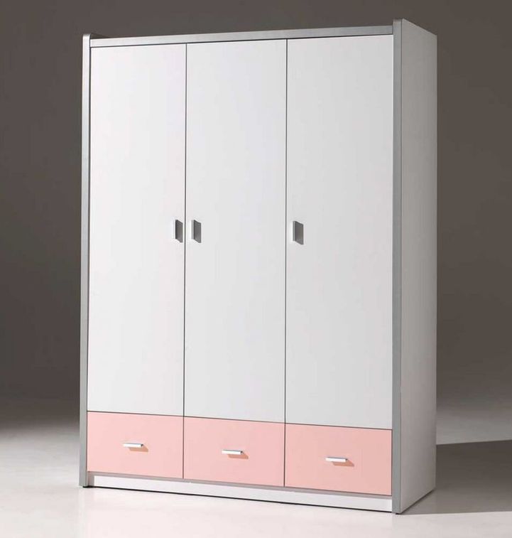 Armoire 3 portes 3 tiroirs bois blanc et rose Bonny - Photo n°3