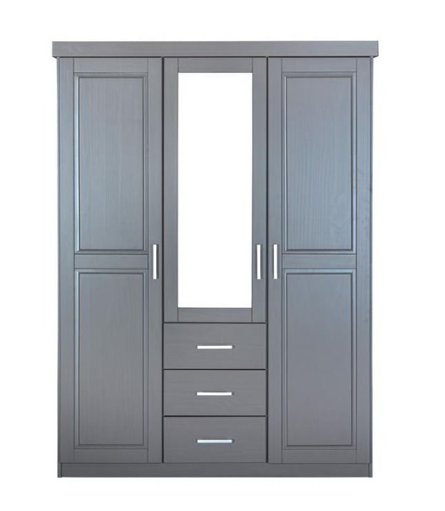 Armoire 3 portes 3 tiroirs pin massif vernis gris avec miroir Klinga 140 cù - Photo n°1