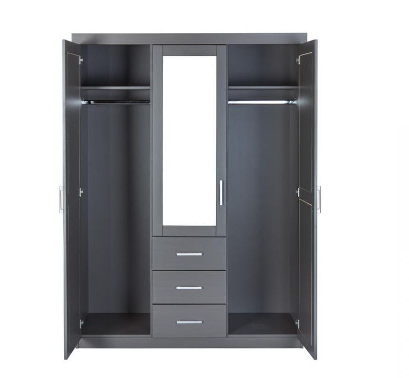 Armoire 3 portes 3 tiroirs pin massif vernis gris avec miroir Klinga 140 cù - Photo n°5