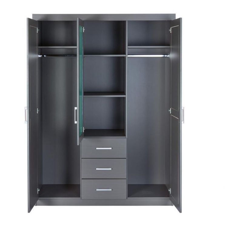 Armoire 3 portes 3 tiroirs pin massif vernis gris avec miroir Klinga 140 cù - Photo n°6
