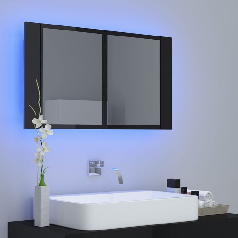 Armoire à miroir de bain à LED Noir brillant 80x12x45 cm - Photo n°4