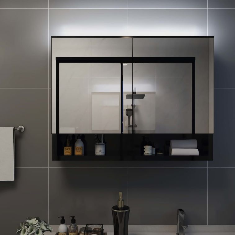 Armoire à miroir de salle de bain LED Noir 80x15x60 cm MDF - Photo n°4