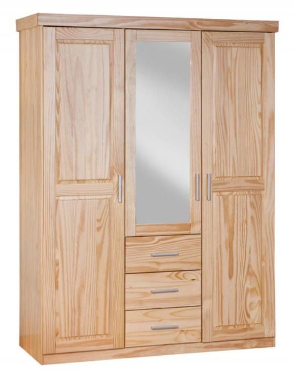Armoire avec miroir 3 portes 3 tiroirs pin massif clair Nerod - Photo n°1