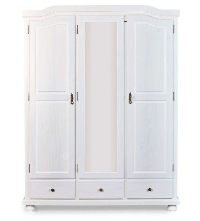 Armoire avec miroir 3 portes 3 tiroirs pin massif vernis blanc Batiste 150 cm - Photo n°1