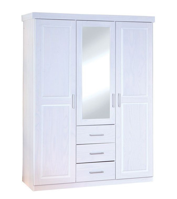 Armoire avec miroir 3 portes 3 tiroirs pin vernis massif blanc Nerod - Photo n°1