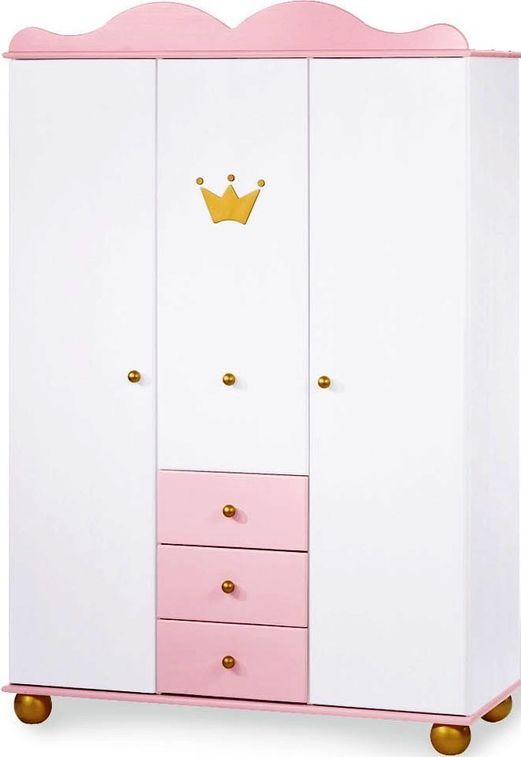 Armoire bébé 3 portes pin massif blanc et rose Prinzessin Karolin - Photo n°1