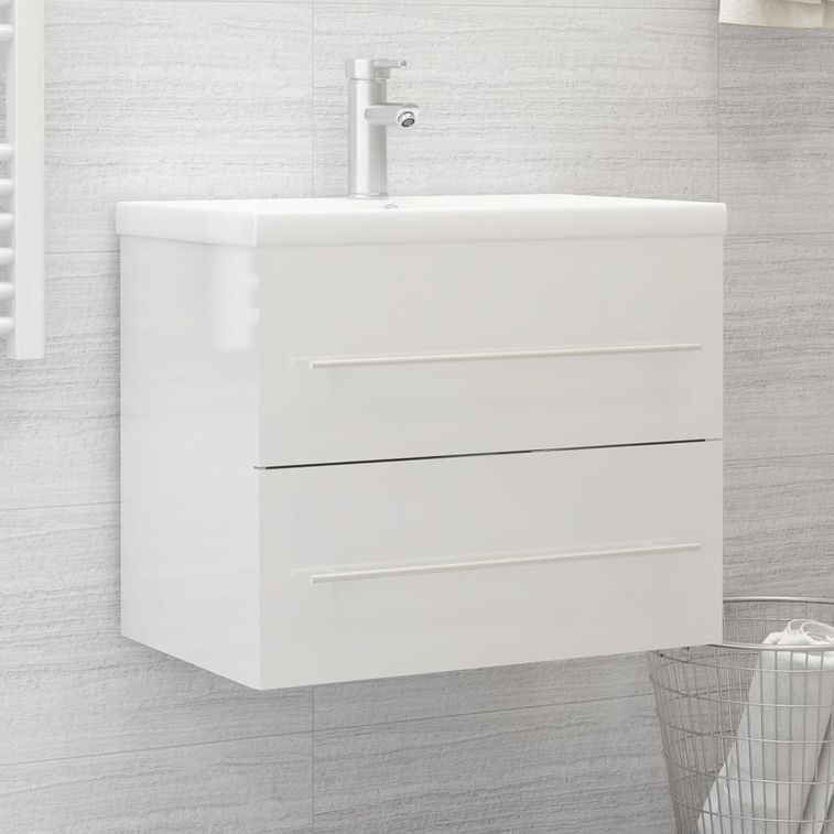 Armoire d'évier avec lavabo intégré Blanc brillant 7 - Photo n°1