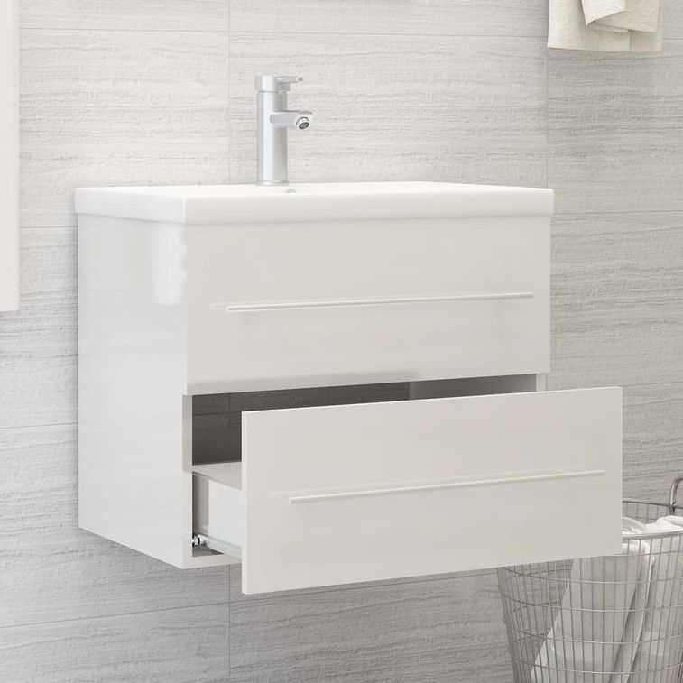 Armoire d'évier avec lavabo intégré Blanc brillant 7 - Photo n°3