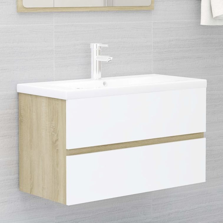 Armoire d'évier et lavabo intégré Blanc/chêne sonoma 7 - Photo n°2