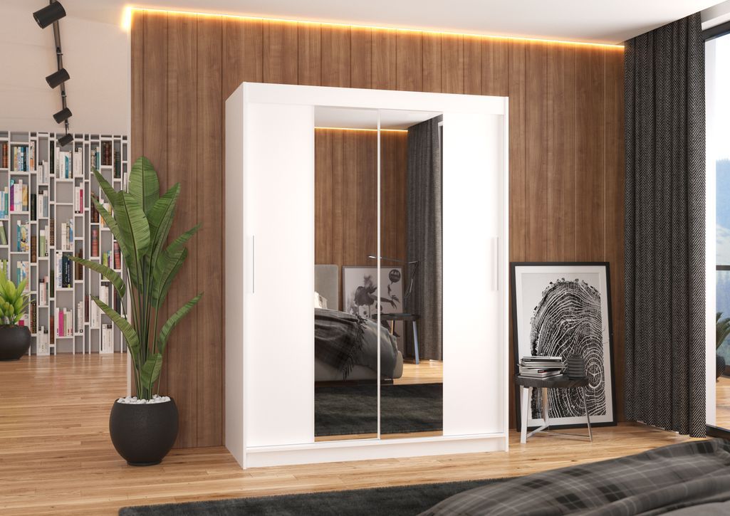 Armoire de chambre 2 portes coulissantes bois blanc et miroir Linoa 150 cm - Photo n°2