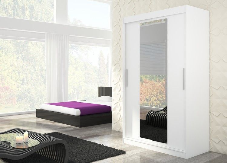 Armoire de chambre 2 portes coulissantes bois blanc et miroir Linoa 150 cm - Photo n°3