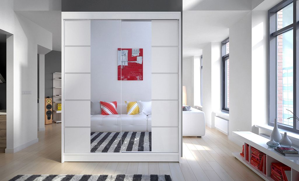 Armoire de chambre 2 portes coulissantes bois blanc et miroir Norka 150 cm - Photo n°2