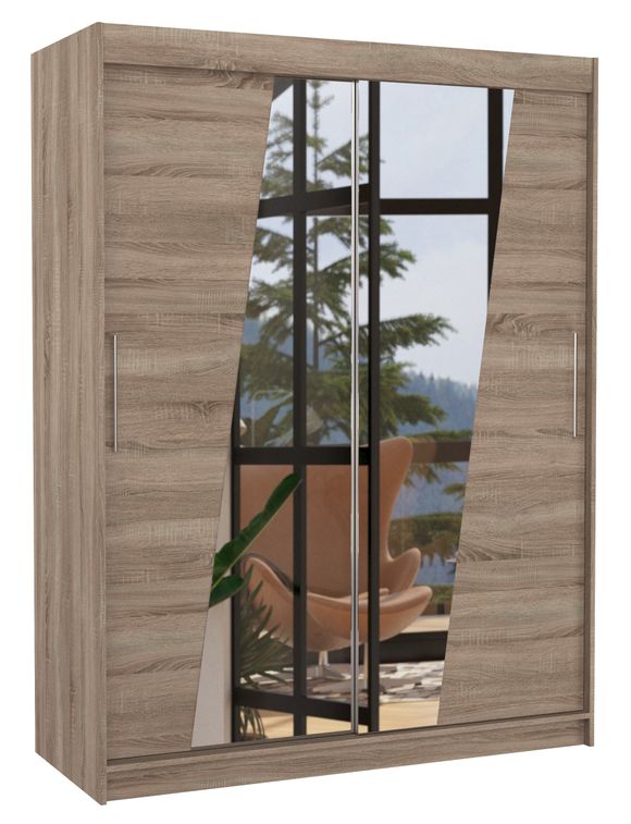 Armoire de chambre 2 portes coulissantes bois truffe et miroirs en diagonale Bekone 150 cm - Photo n°1