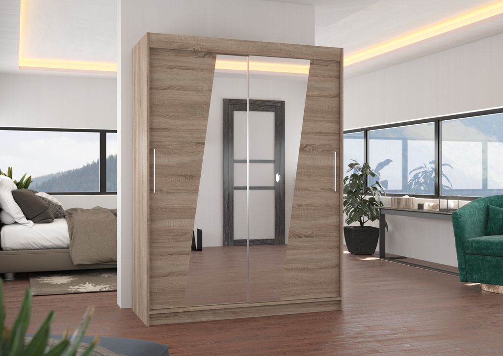 Armoire de chambre 2 portes coulissantes bois truffe et miroirs en diagonale Bekone 150 cm - Photo n°2