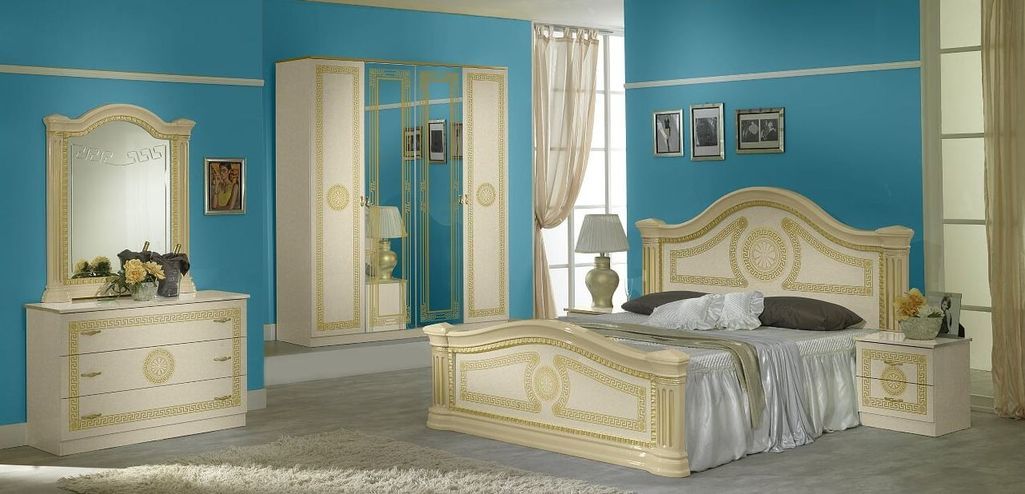Armoire de chambre 4 portes 2 avec miroirs laqué beige et doré Savana 181 cm - Photo n°3