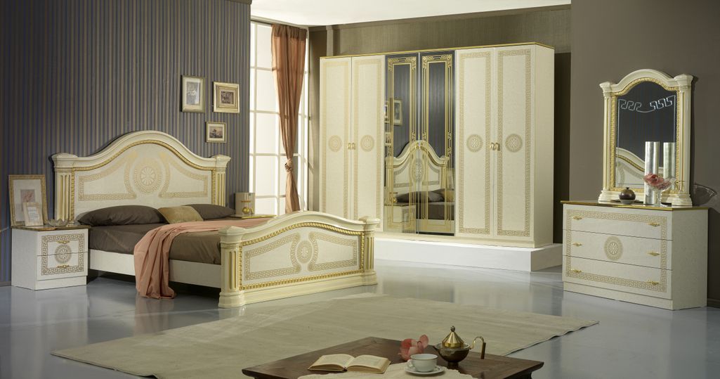 Armoire de chambre 6 portes 2 avec miroirs laqué beige et doré Savana 181 cm - Photo n°3