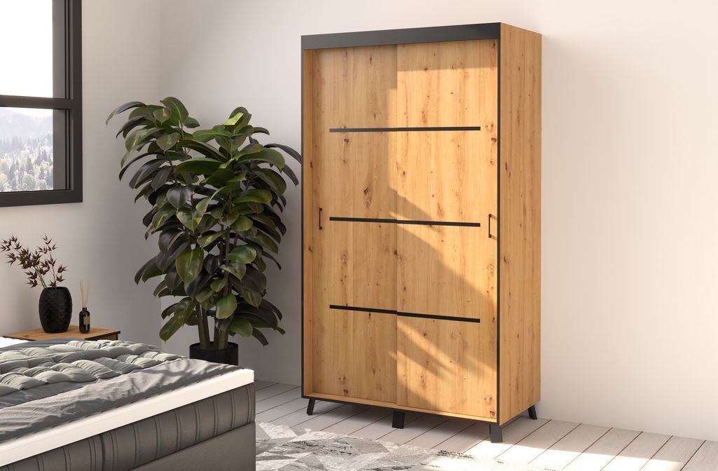 Armoire de chambre à 2 ou 3 portes coulissantes bois clair artisan et noir Barko - 4 tailles - Photo n°8