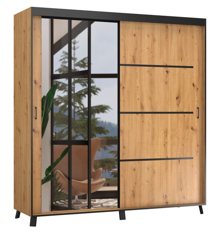 Armoire de chambre à 2 ou 3 portes coulissantes bois clair artisan et miroir Aliko - 4 tailles - Photo n°2