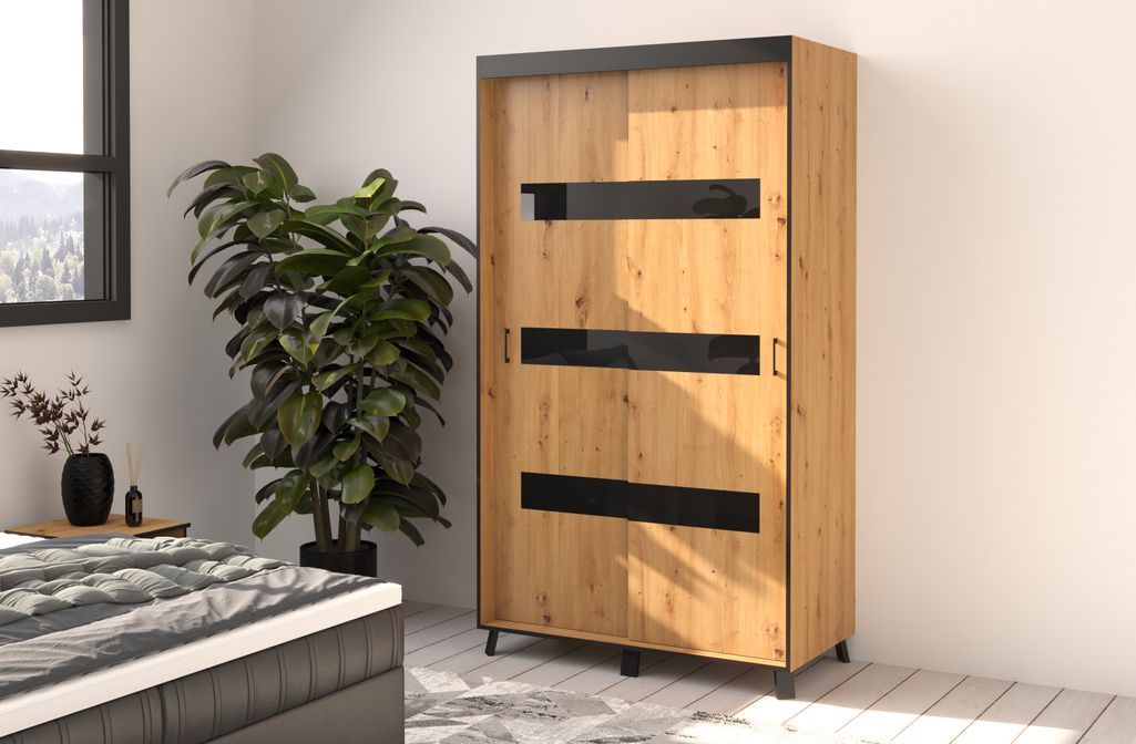 Armoire de chambre à 2 ou 3 portes coulissantes bois clair artisan et noir Sokano - 4 tailles - Photo n°8