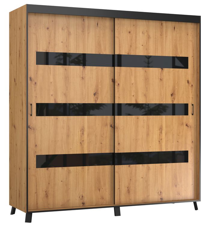 Armoire de chambre à 2 ou 3 portes coulissantes bois clair artisan et noir Sokano - 4 tailles - Photo n°1