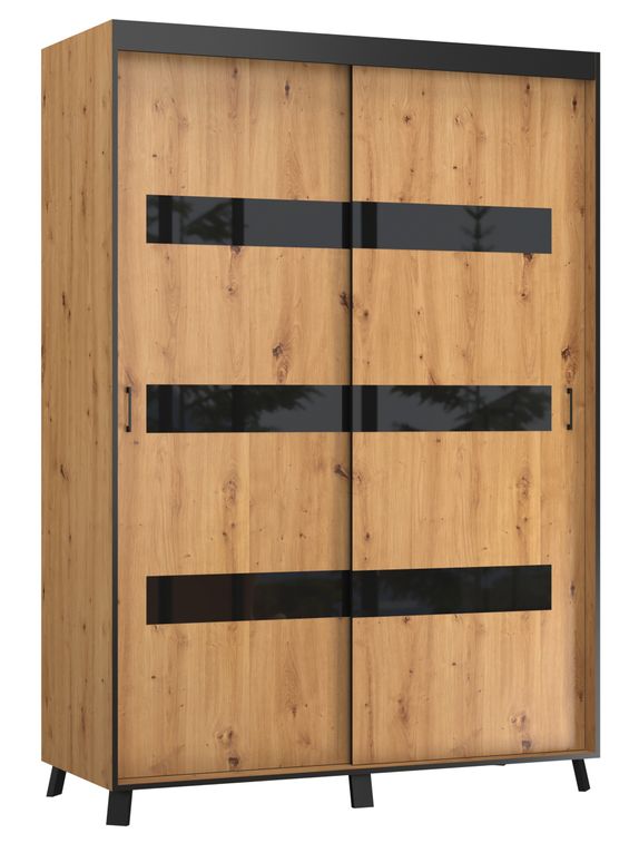 Armoire de chambre à 2 ou 3 portes coulissantes bois clair artisan et noir Sokano - 4 tailles - Photo n°3