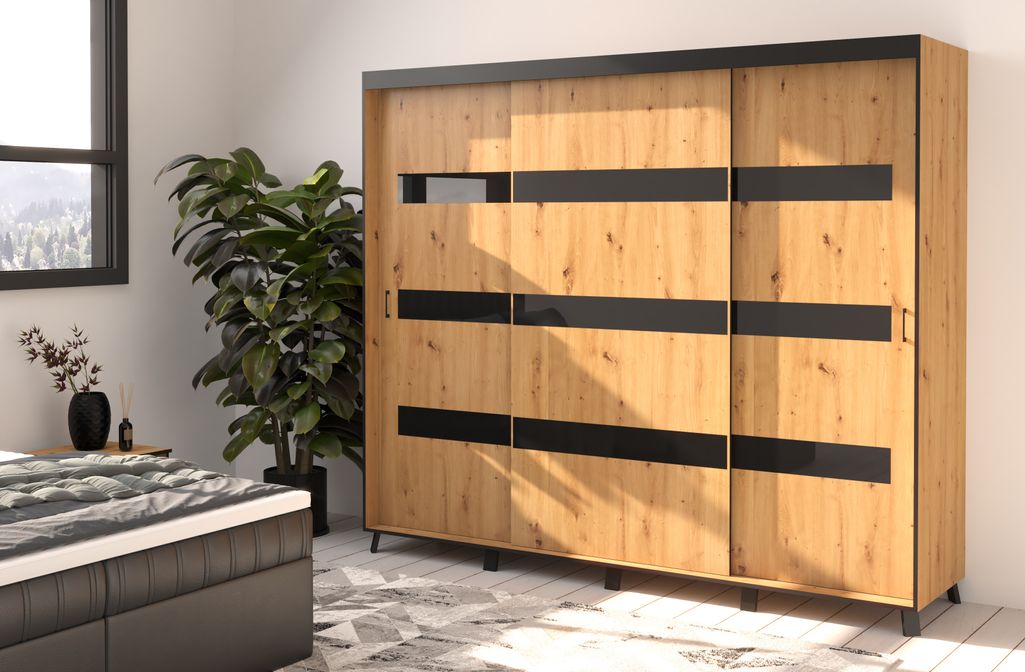 Armoire de chambre à 2 ou 3 portes coulissantes bois clair artisan et noir Sokano - 4 tailles - Photo n°5