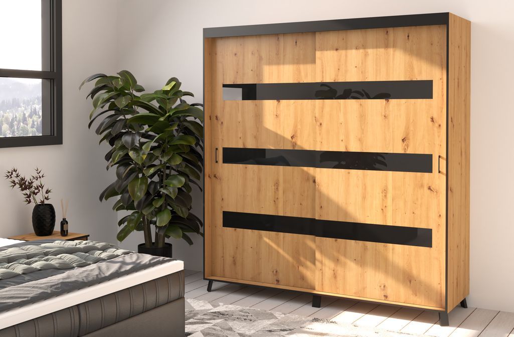 Armoire de chambre à 2 ou 3 portes coulissantes bois clair artisan et noir Sokano - 4 tailles - Photo n°6