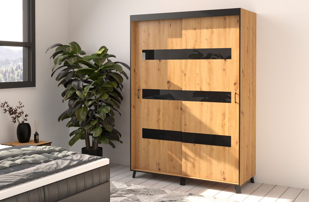 Armoire de chambre à 2 ou 3 portes coulissantes bois clair artisan et noir Sokano - 4 tailles - Photo n°7