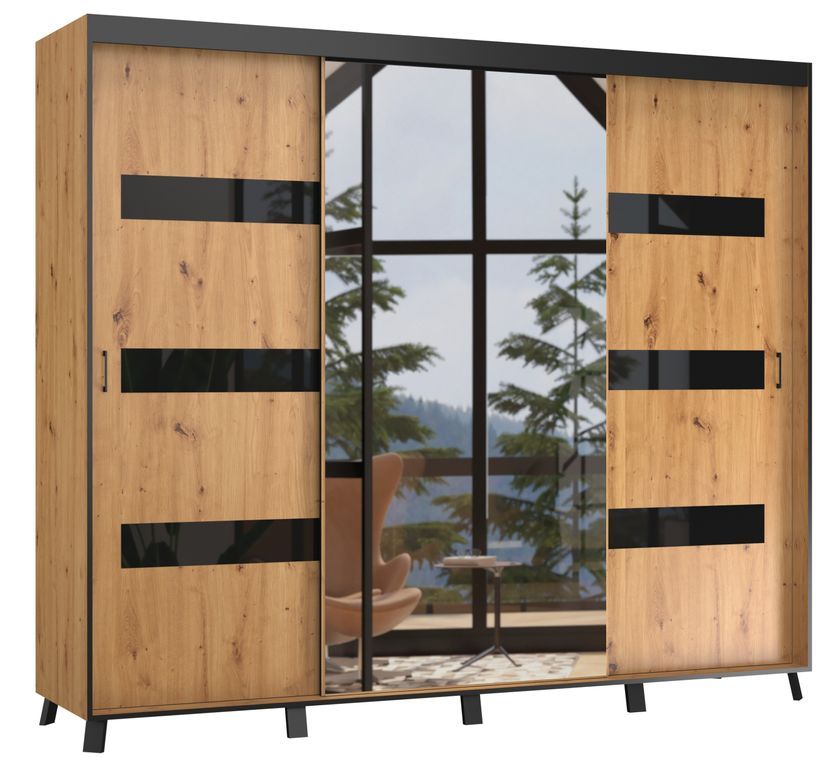Armoire de chambre à 2 ou 3 portes coulissantes bois clair et noir avec miroir Tokani - 4 tailles - Photo n°1