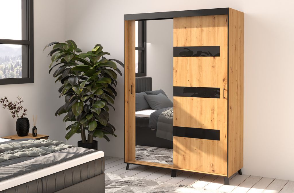 Armoire de chambre à 2 ou 3 portes coulissantes bois clair et noir avec miroir Tokani - 4 tailles - Photo n°7