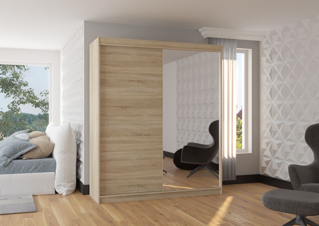 Armoire de chambre à coucher 2 portes coulissantes 1 bois clair et 1 miroir Masso 180 cm - Photo n°2