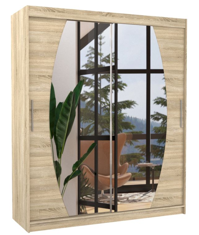 Armoire de chambre à coucher 2 portes coulissantes bois clair et miroir Balko 180 cm - Photo n°1