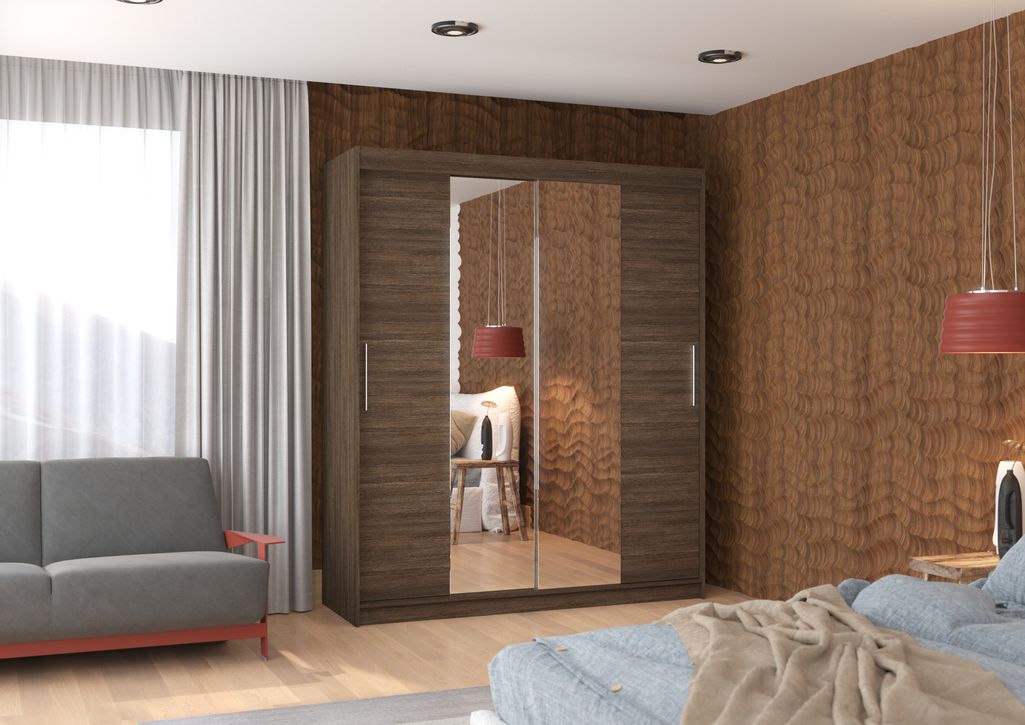 Armoire de chambre à coucher 2 portes coulissantes marron et miroir Dally 180 cm - Photo n°2