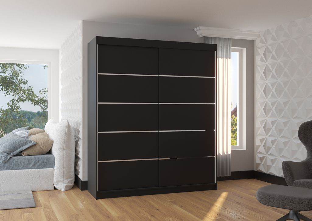 Armoire de chambre à coucher 2 portes coulissantes noir et alu Pimka 180 cm - Photo n°2