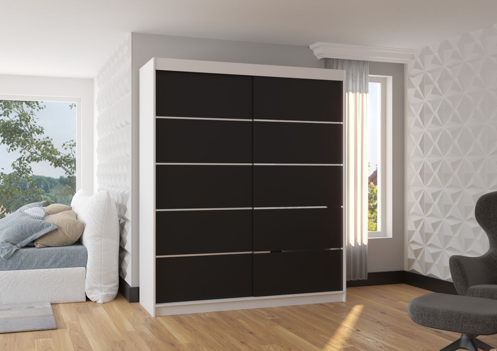 Armoire de chambre à coucher blanche 2 portes coulissantes noir et alu Pimka 180 cm - Photo n°2
