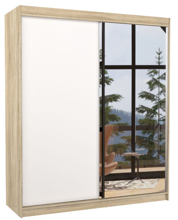 Armoire de chambre à coucher bois clair 2 portes coulissantes 1 blanche et 1 miroir Masso 180 cm - Photo n°1
