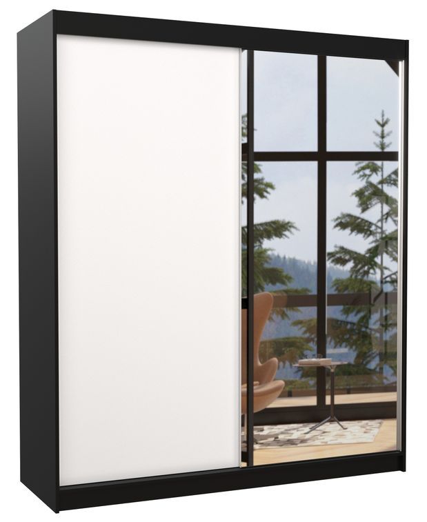 Armoire de chambre à coucher noir 2 portes coulissantes 1 blanche et 1 miroir Masso 180 cm - Photo n°1